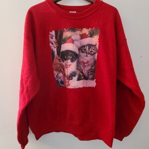 Vintage Cute Cat Kittens Cardinal Christmas Red Grannycore Grandma Size Large L